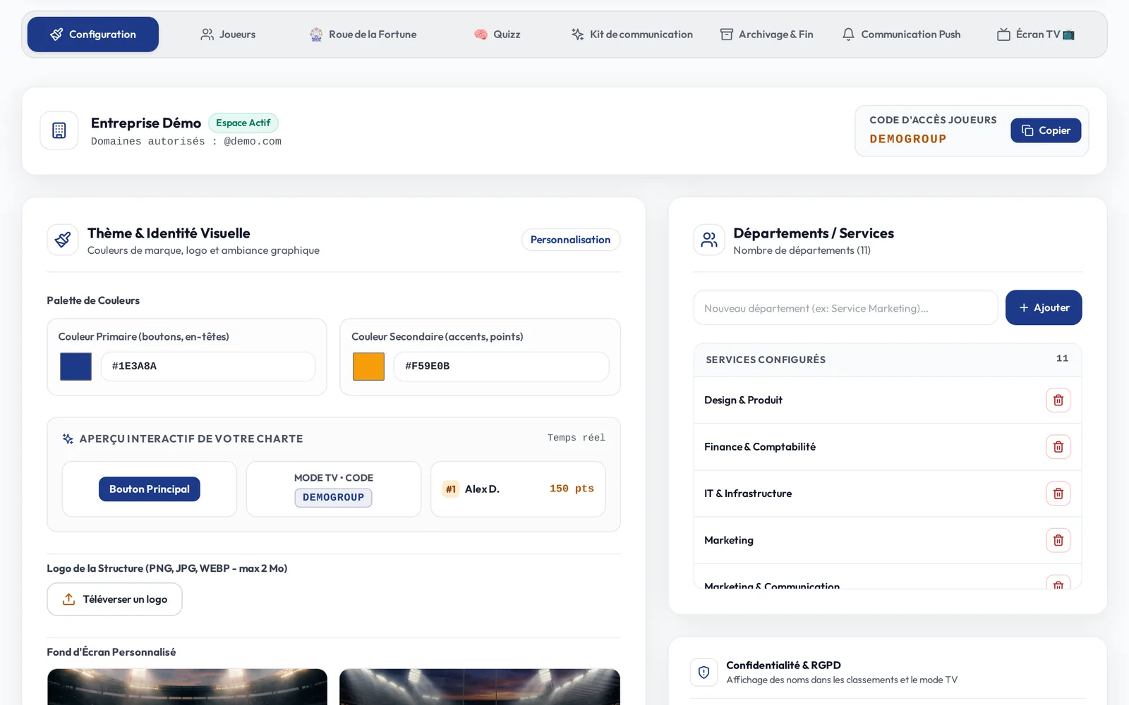 Console admin : thème et identité visuelle, liste des départements