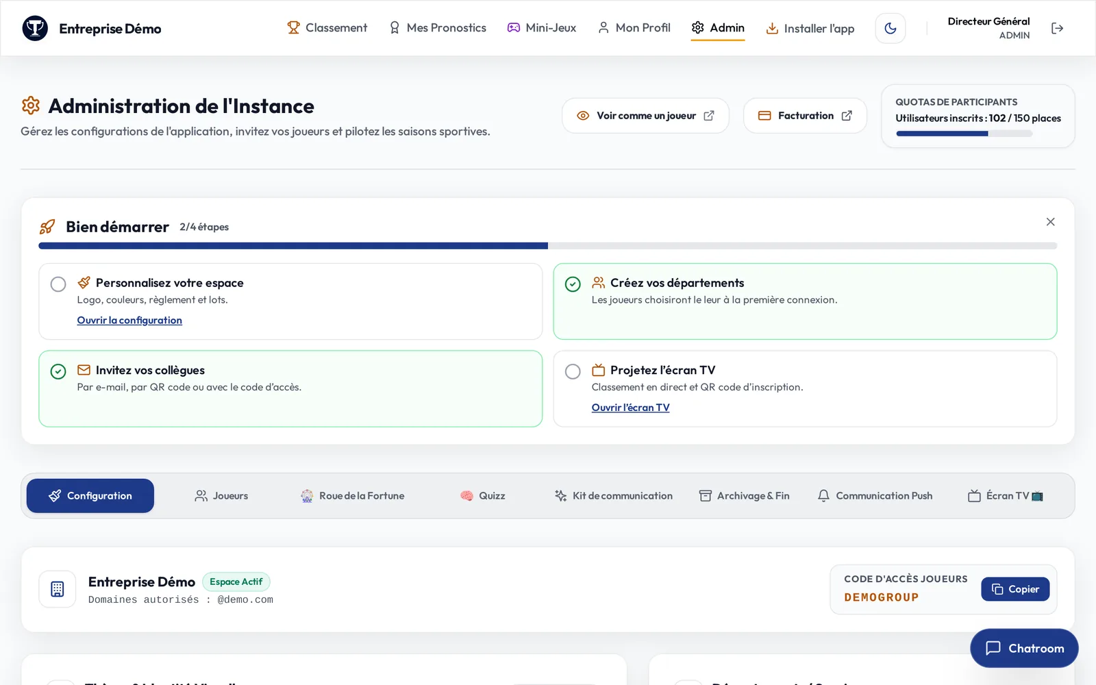 Tableau de bord administrateur de TeamPredict avec l’assistant « Bien démarrer »