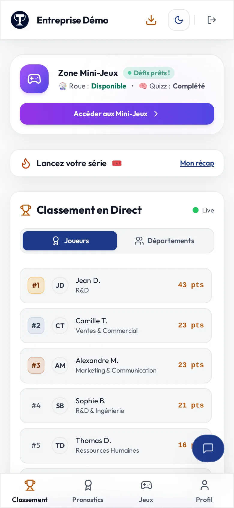 Classement en direct sur smartphone, par joueur et par équipe