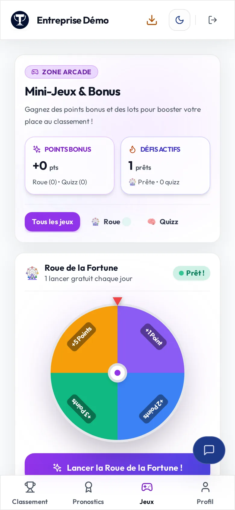 Roue de la fortune quotidienne et zone mini-jeux