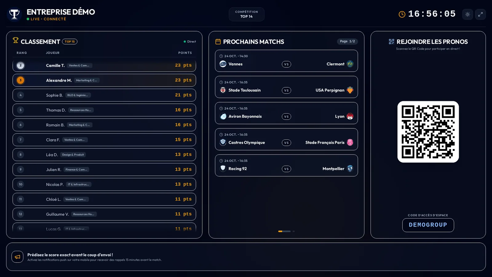 Mode TV : classement en direct, prochains matchs et QR code pour rejoindre